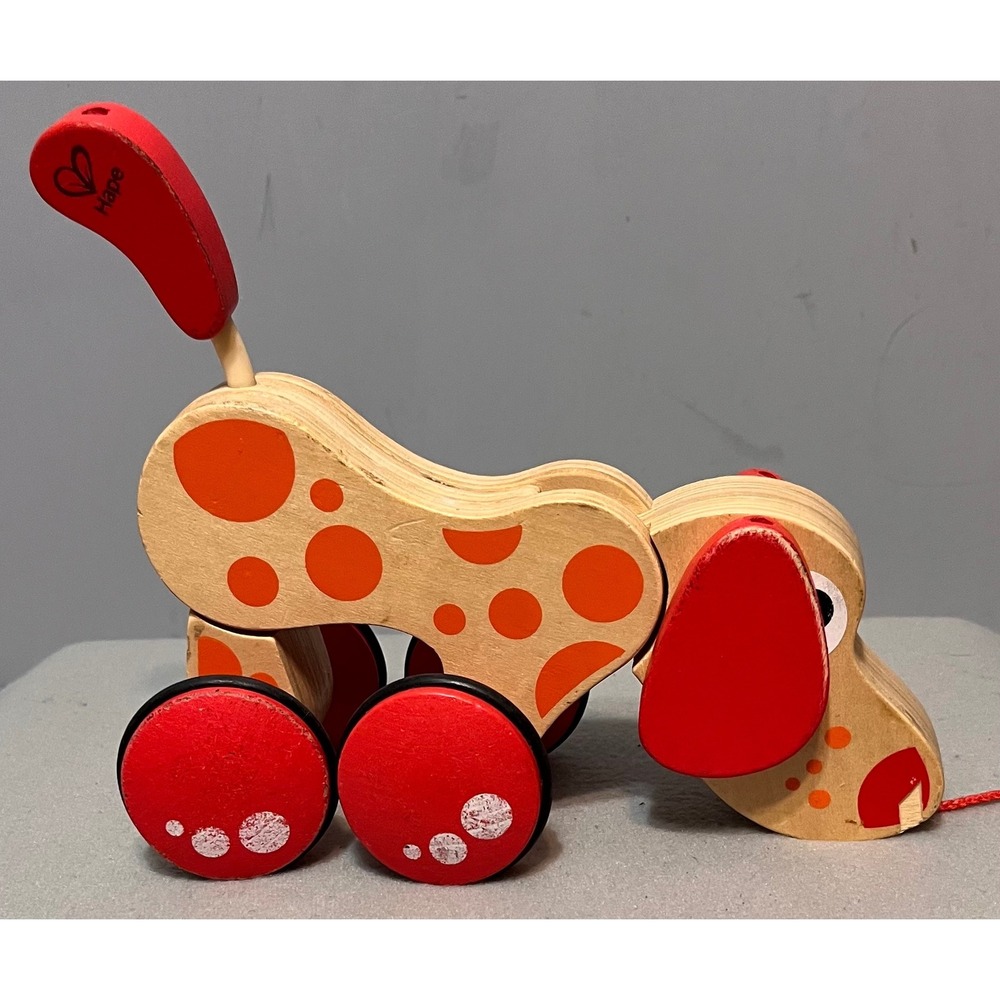 Hape Walk-A-Long Puppy Wooden Pull Toy Spotted Dog Red Orange E0347‎